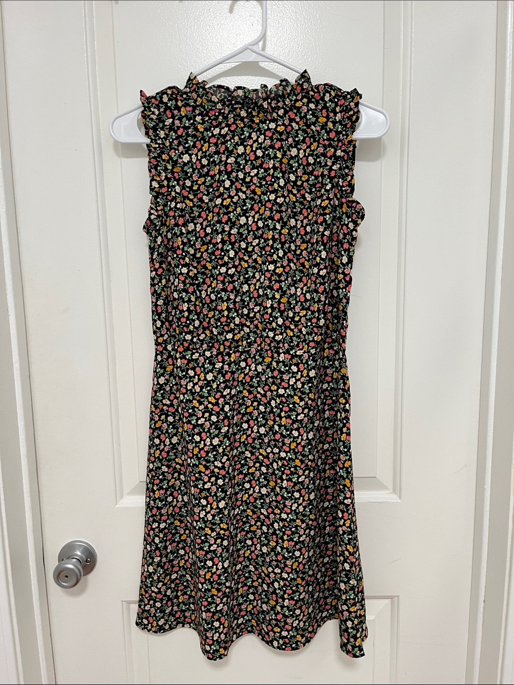 Ann Taylor Black Floral Midi Dress with Pink and Yellow Accents